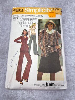 Simplicity 5193 Pullover Top Mini Skirt Pants Jacket Sewing Pattern Size 16